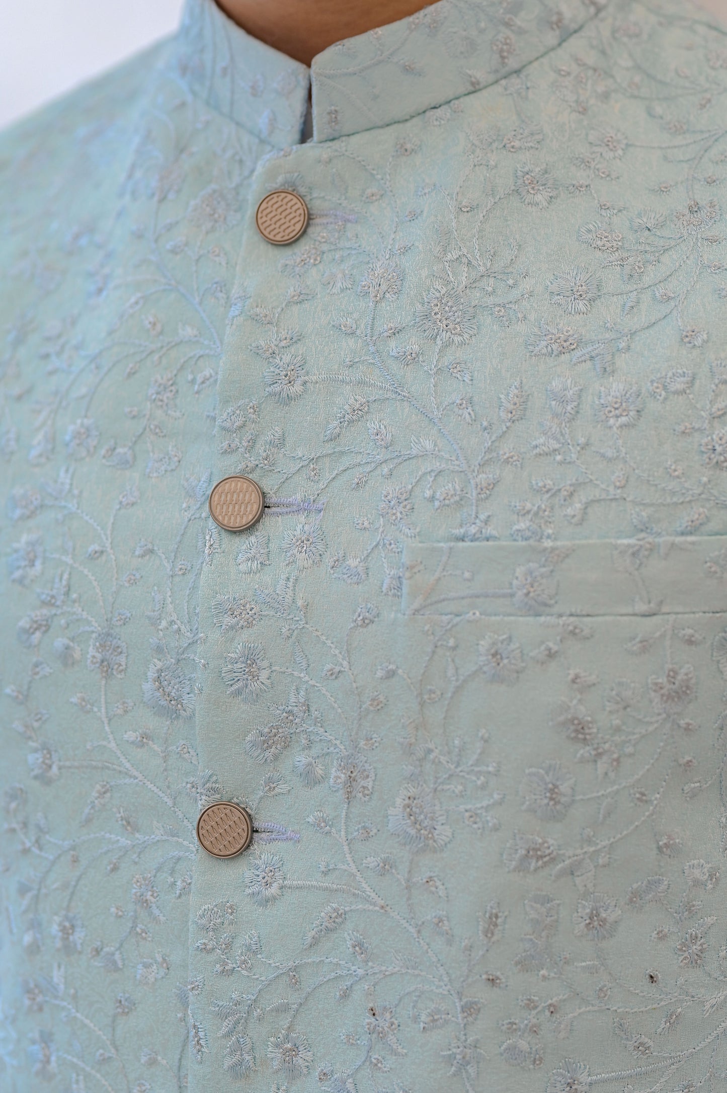 Raheel Qadir – Off-White Cotton Silk Kurta Pajama with Sea Green Embroidered Waistcoat