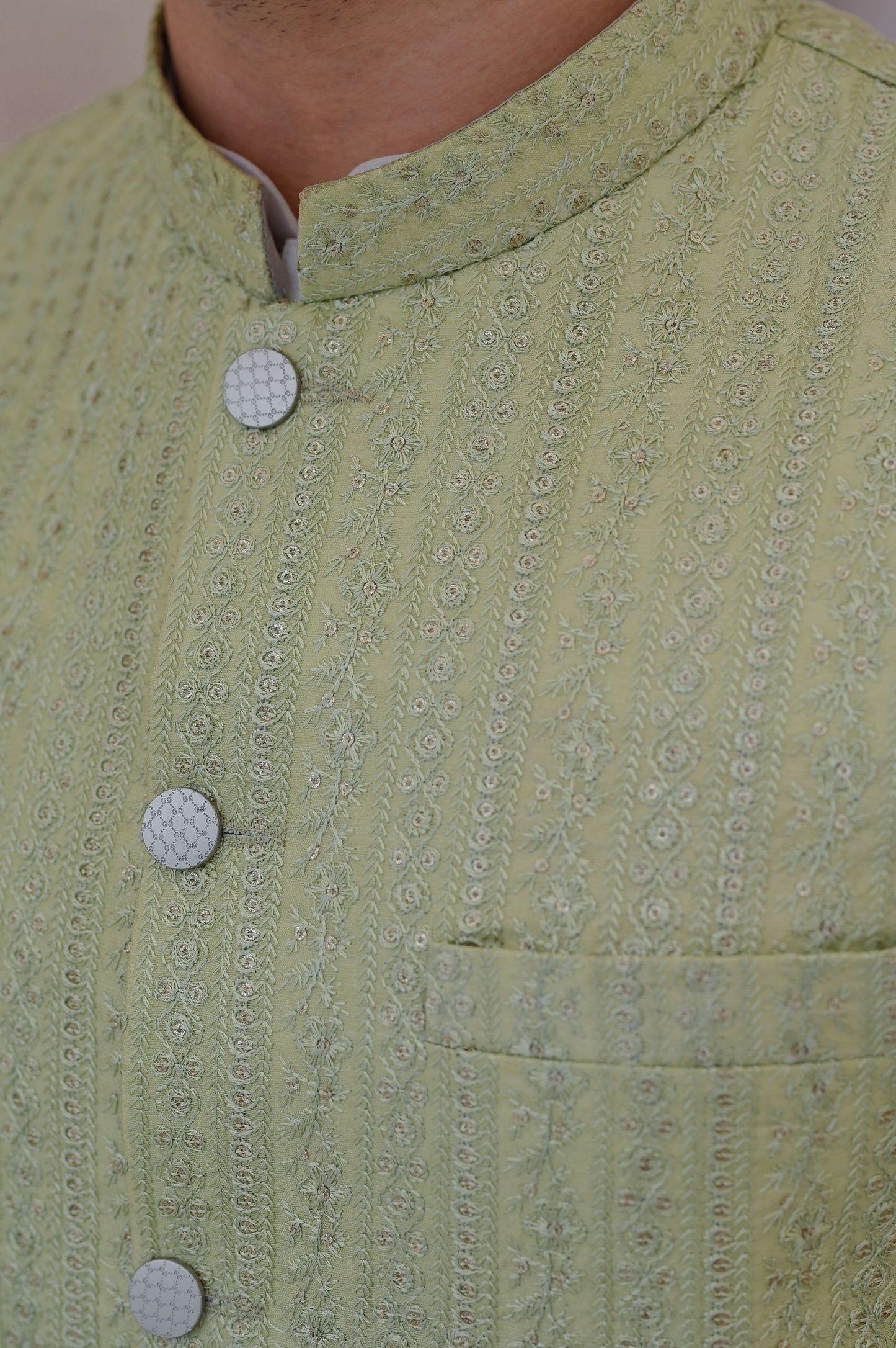 Raheel Qadir – Off-White Cotton Silk Kurta Pajama with Mint Green Embroidered Waistcoat