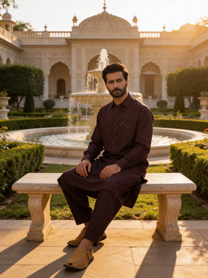 Raheel Qadir - Royal Burgundy Shalwar Kameez