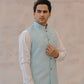 Raheel Qadir – Off-White Cotton Silk Kurta Pajama with Sea Green Embroidered Waistcoat