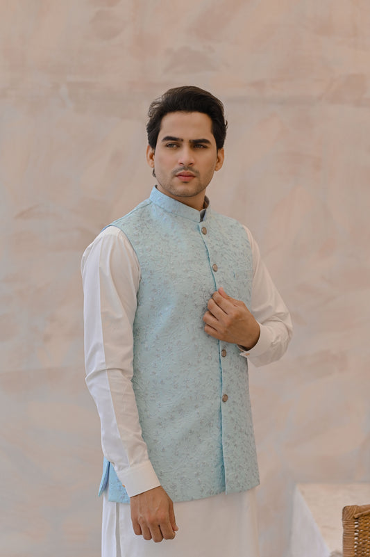 Raheel Qadir – Off-White Cotton Silk Kurta Pajama with Sea Green Embroidered Waistcoat