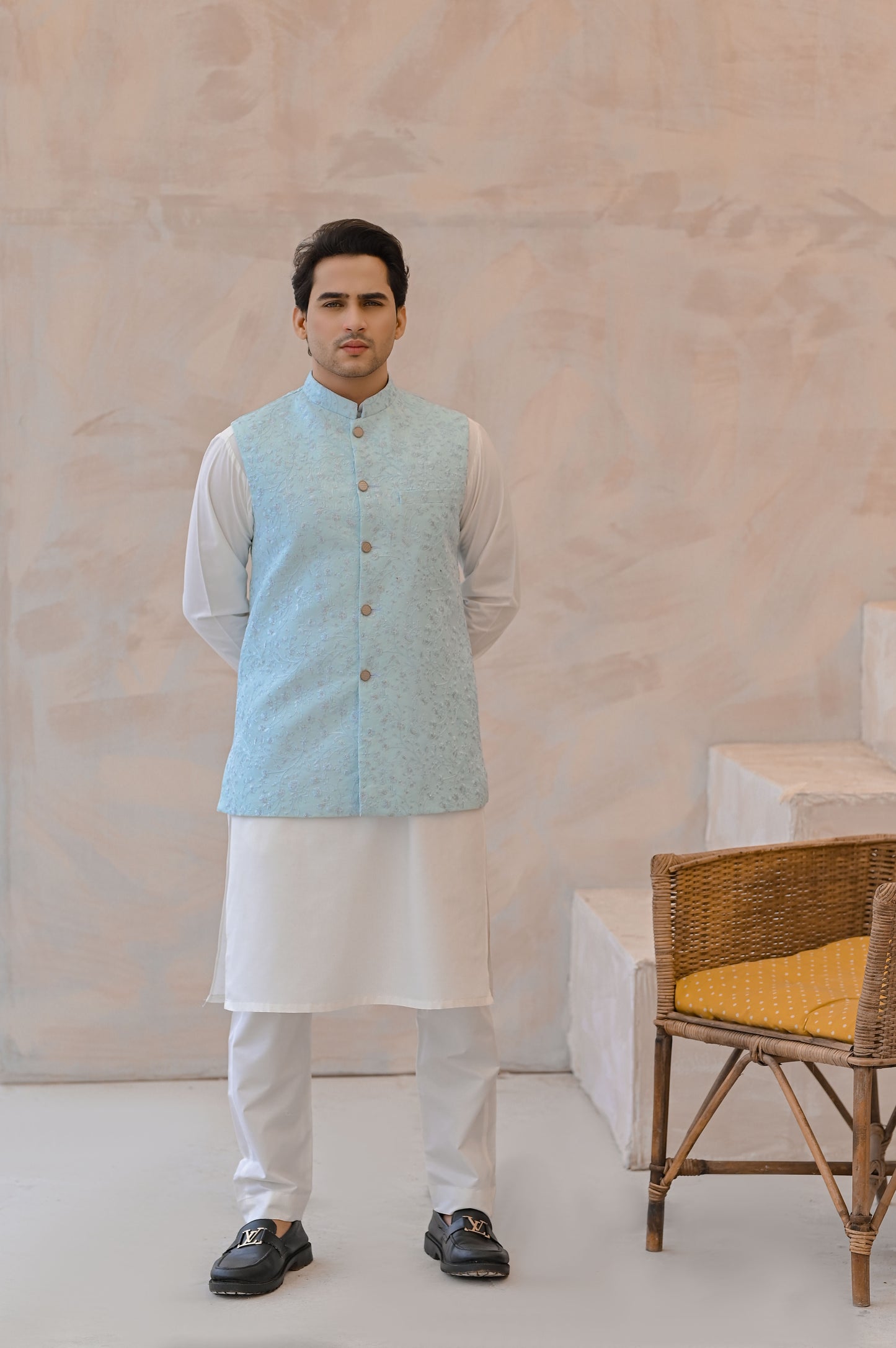Raheel Qadir – Off-White Cotton Silk Kurta Pajama with Sea Green Embroidered Waistcoat