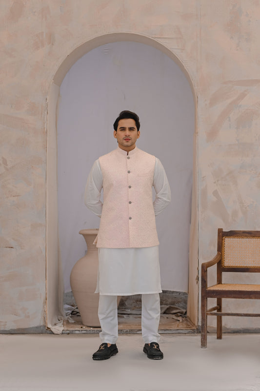 Raheel Qadir – Off-White Cotton Silk Kurta Pajama with Pink Embroidered Waistcoat