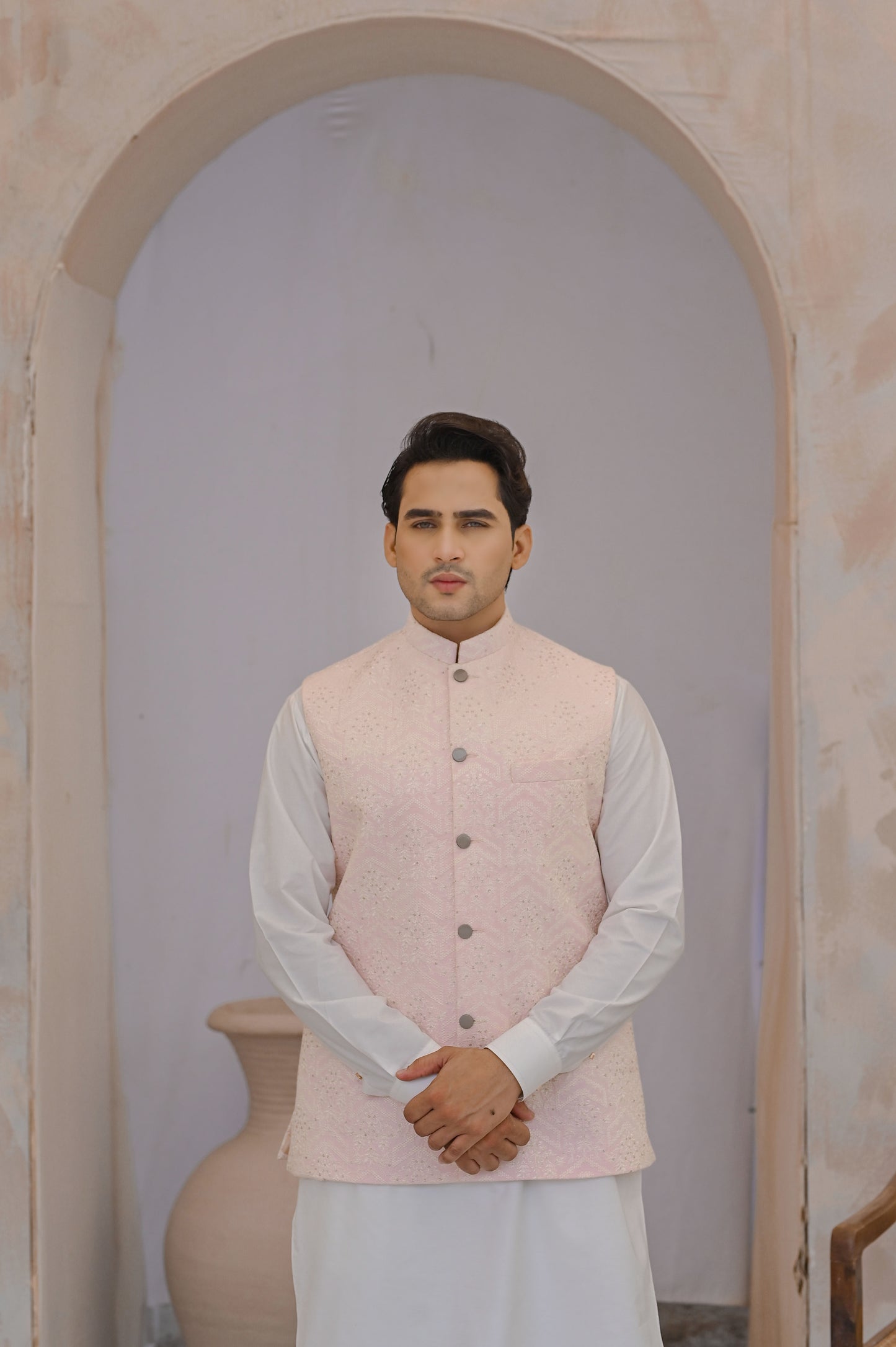 Raheel Qadir – Off-White Cotton Silk Kurta Pajama with Pink Embroidered Waistcoat