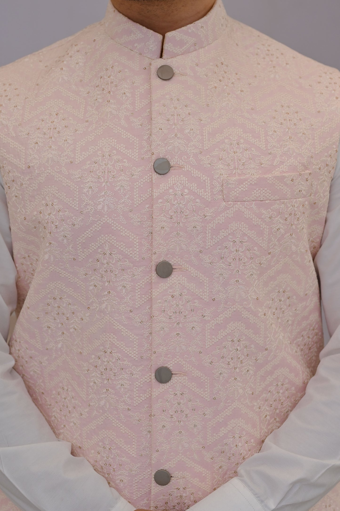 Raheel Qadir – Off-White Cotton Silk Kurta Pajama with Pink Embroidered Waistcoat