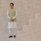 Raheel Qadir – Off-White Cotton Silk Kurta Pajama with Mint Green Embroidered Waistcoat