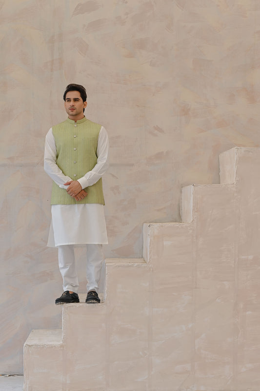 Raheel Qadir – Off-White Cotton Silk Kurta Pajama with Mint Green Embroidered Waistcoat