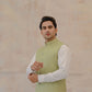 Raheel Qadir – Off-White Cotton Silk Kurta Pajama with Mint Green Embroidered Waistcoat