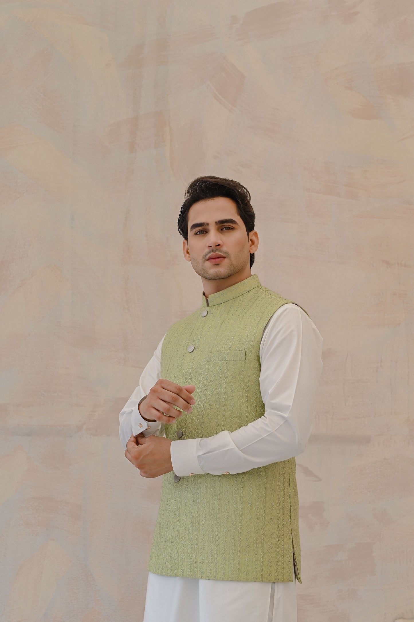 Raheel Qadir – Off-White Cotton Silk Kurta Pajama with Mint Green Embroidered Waistcoat