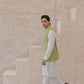 Raheel Qadir – Off-White Cotton Silk Kurta Pajama with Mint Green Embroidered Waistcoat