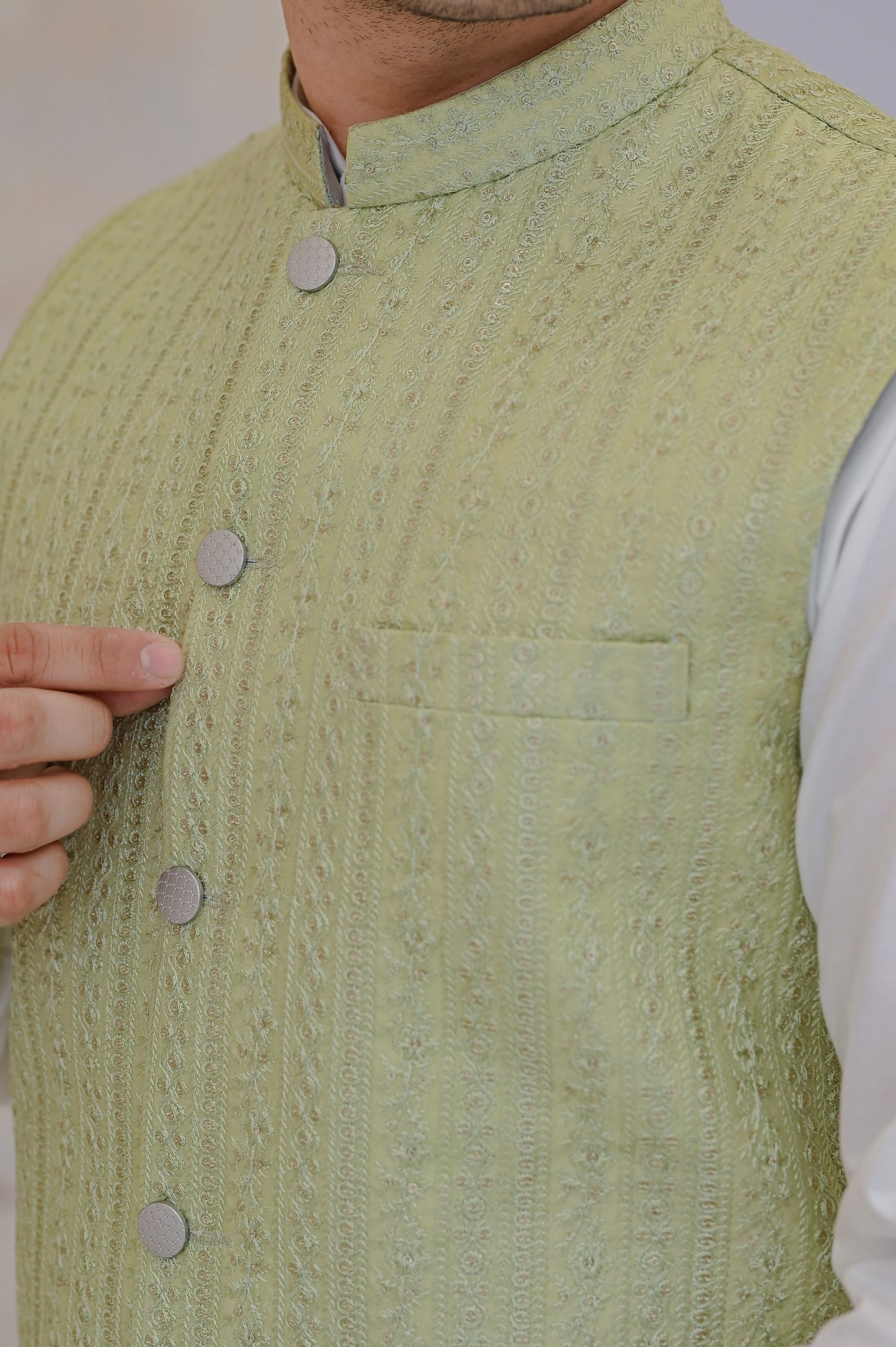 Raheel Qadir – Off-White Cotton Silk Kurta Pajama with Mint Green Embroidered Waistcoat