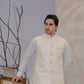 Raheel Qadir – Off-White Cotton Silk Kurta Pajama with Cream Embroidered Waistcoat