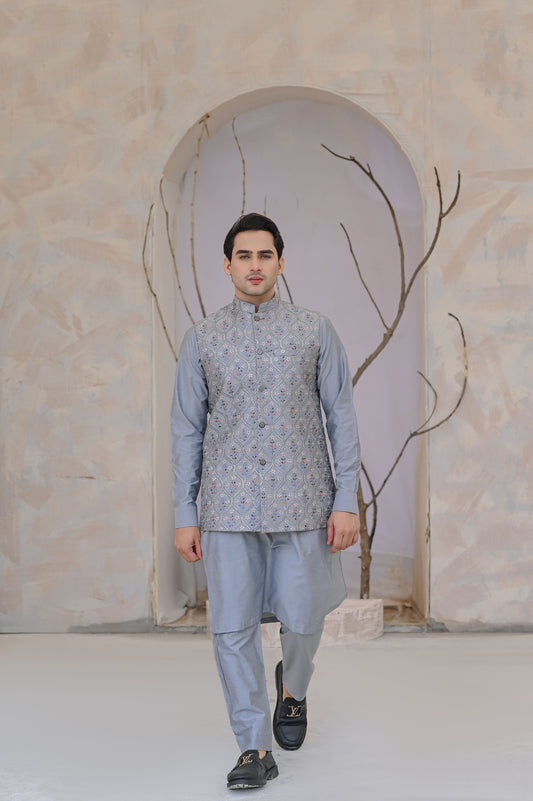 Raheel Qadir – Grey Cotton Silk Kurta Pajama with Grey Embroidered Waistcoat