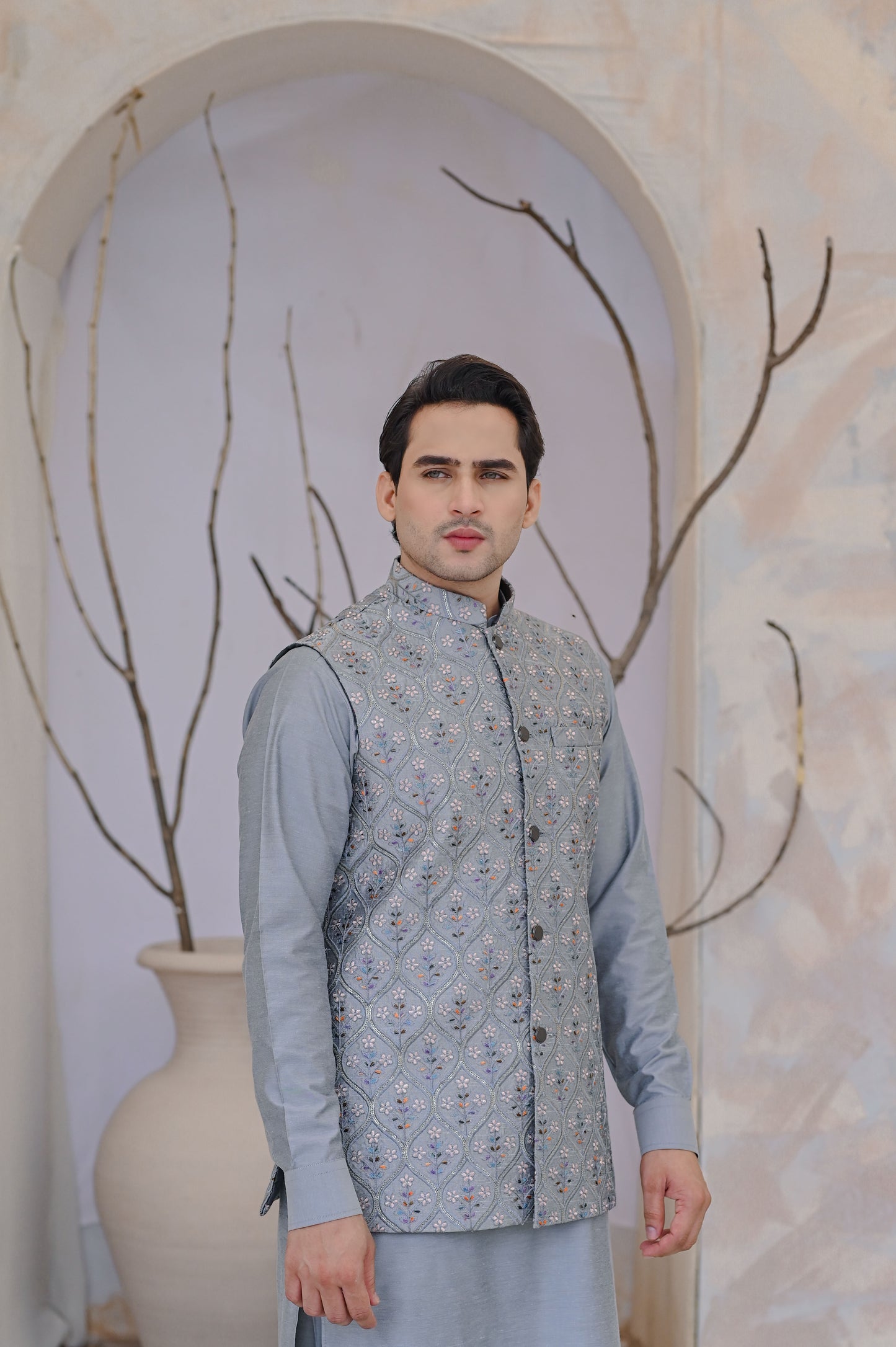 Raheel Qadir – Grey Cotton Silk Kurta Pajama with Grey Embroidered Waistcoat