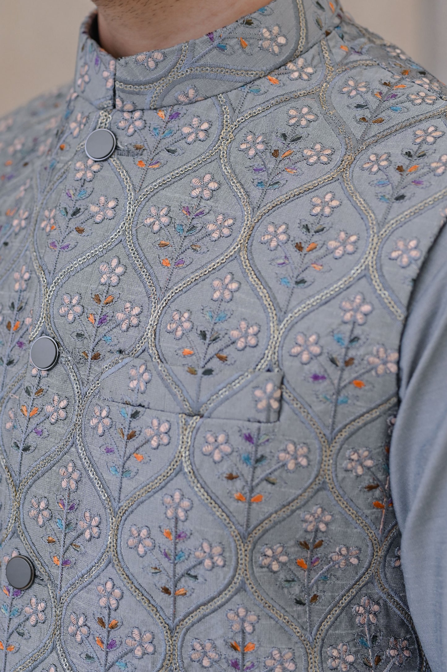 Raheel Qadir – Grey Cotton Silk Kurta Pajama with Grey Embroidered Waistcoat