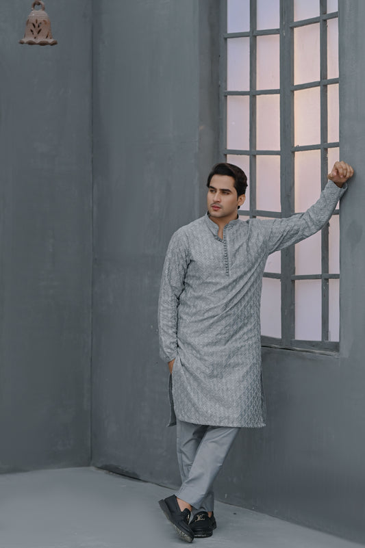 Raheel Qadir – Gray Embroidered Kurta Pajama