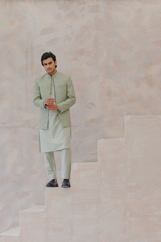 Raheel Qadir – Mint Green Kurta Pajama with Machine Embroidered Prince Coat