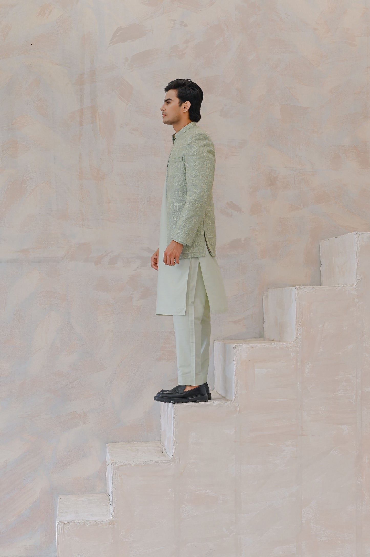 Raheel Qadir – Mint Green Kurta Pajama with Machine Embroidered Prince Coat