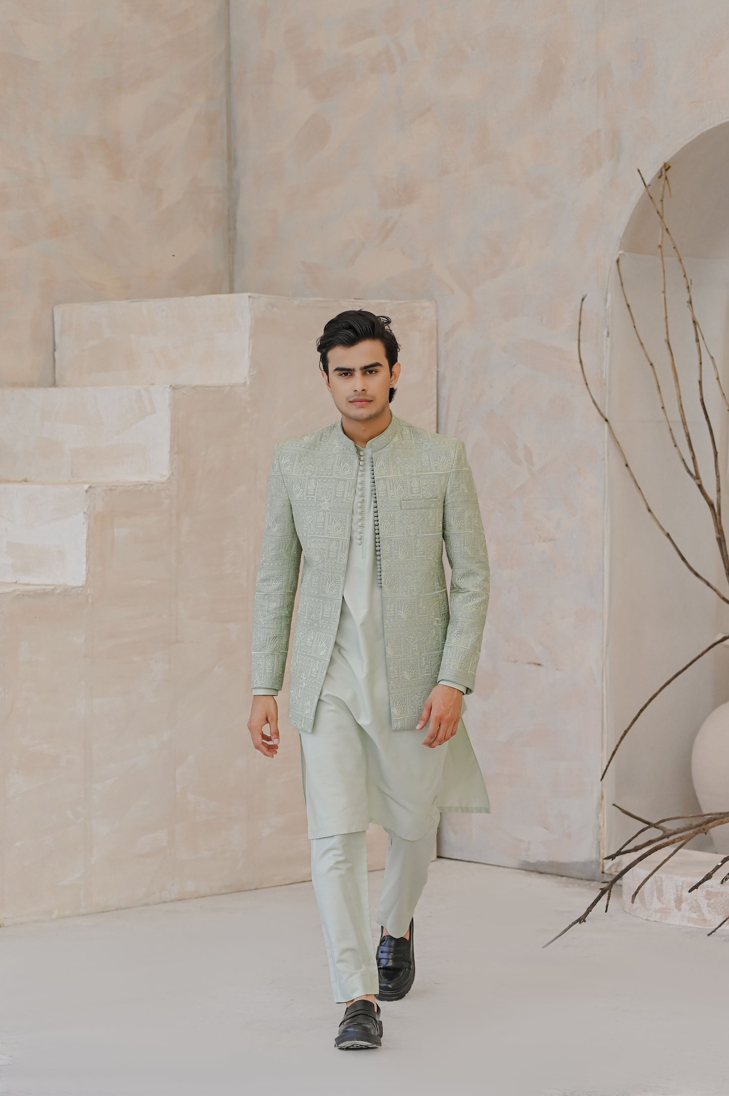 Raheel Qadir – Mint Green Kurta Pajama with Machine Embroidered Prince Coat