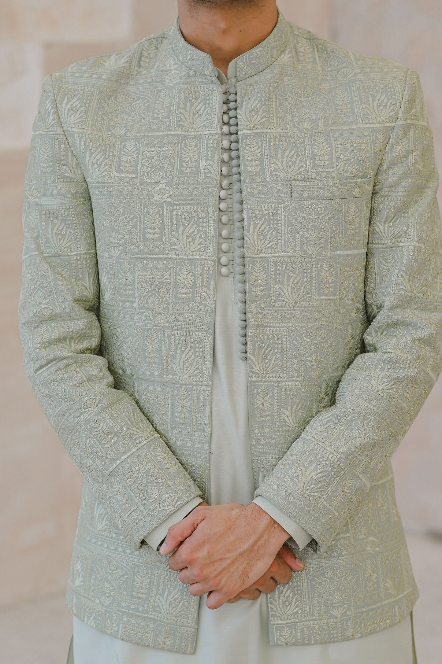 Raheel Qadir – Mint Green Kurta Pajama with Machine Embroidered Prince Coat