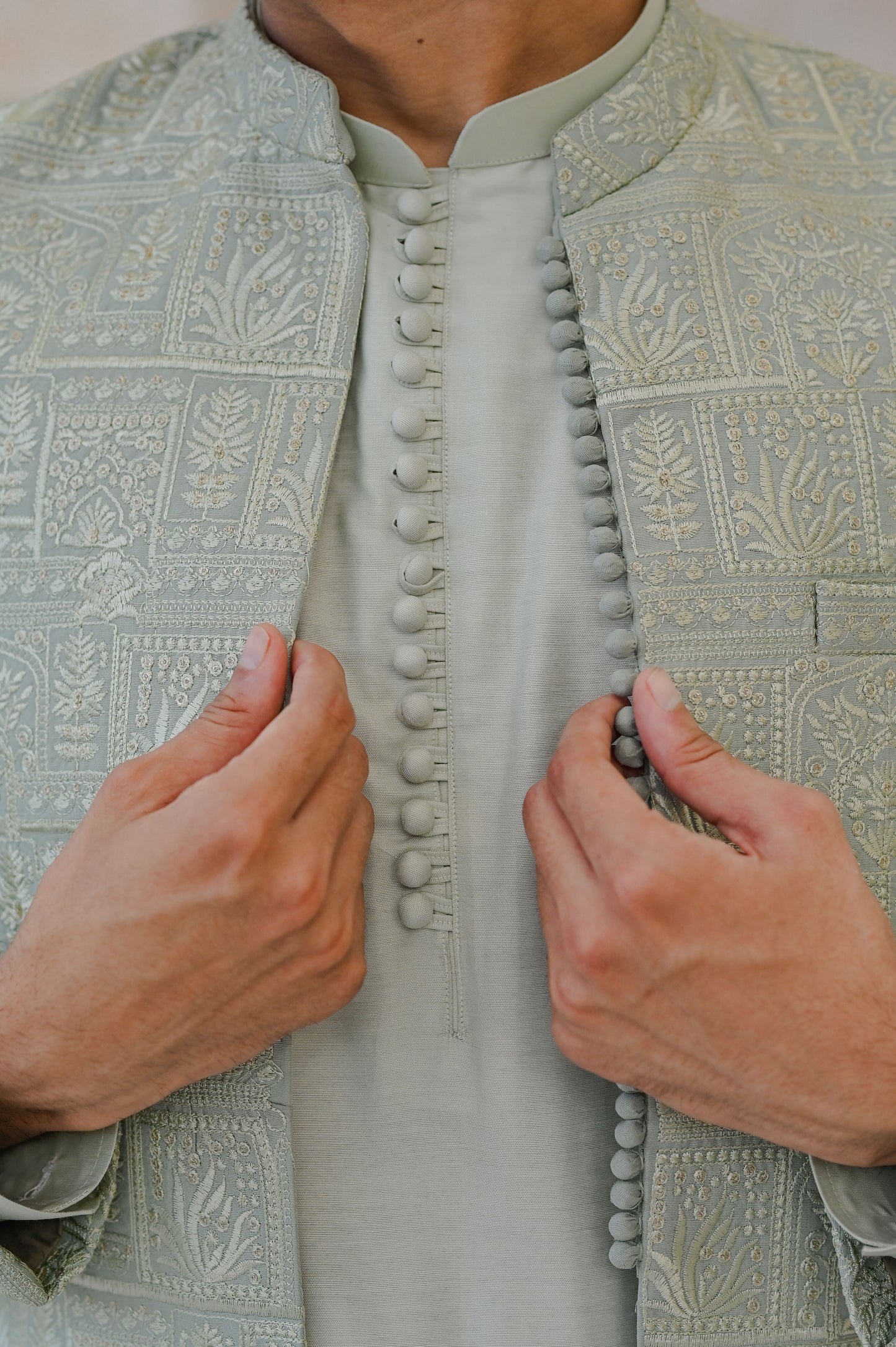 Raheel Qadir – Mint Green Kurta Pajama with Machine Embroidered Prince Coat