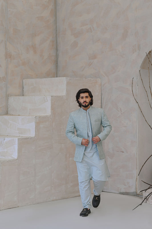 Raheel Qadir – Light Blue Kurta Pajama with Machine Embroidered Prince Coat