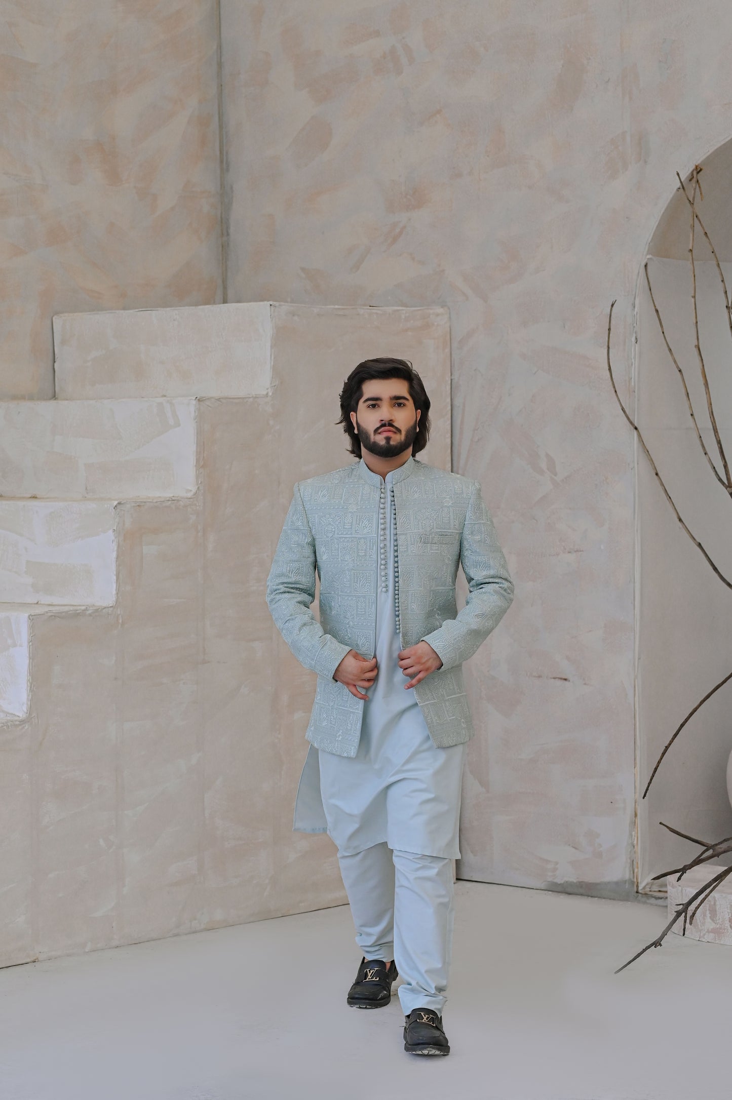 Raheel Qadir – Light Blue Kurta Pajama with Machine Embroidered Prince Coat