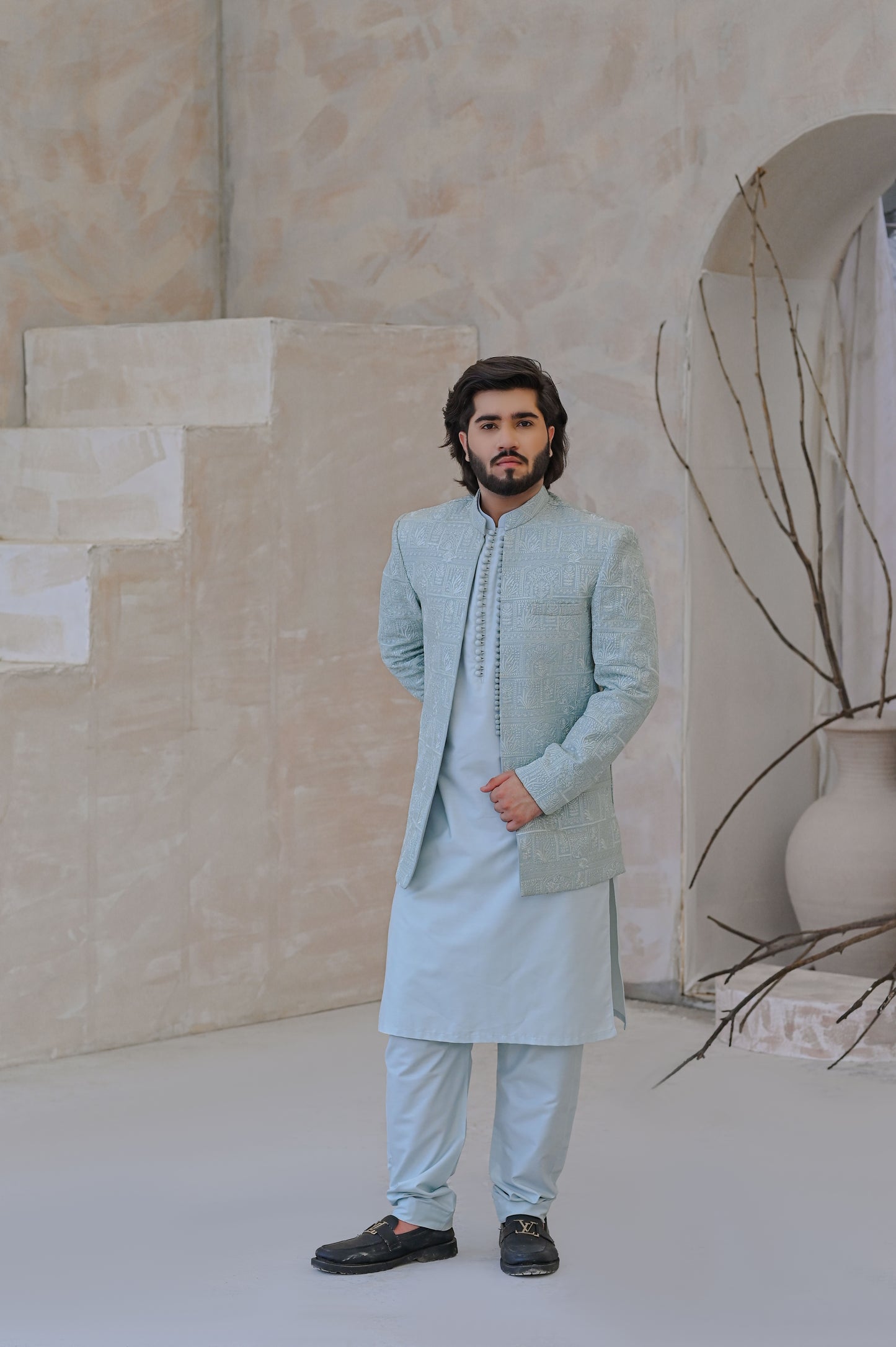 Raheel Qadir – Light Blue Kurta Pajama with Machine Embroidered Prince Coat