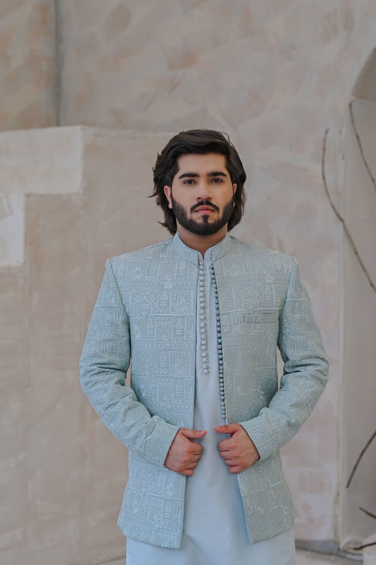Raheel Qadir – Light Blue Kurta Pajama with Machine Embroidered Prince Coat