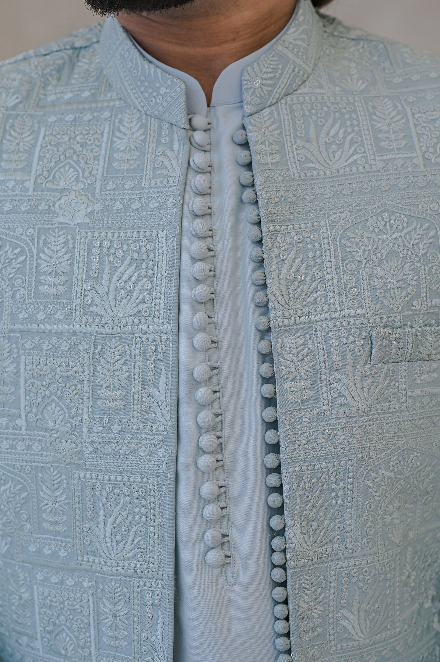 Raheel Qadir – Light Blue Kurta Pajama with Machine Embroidered Prince Coat