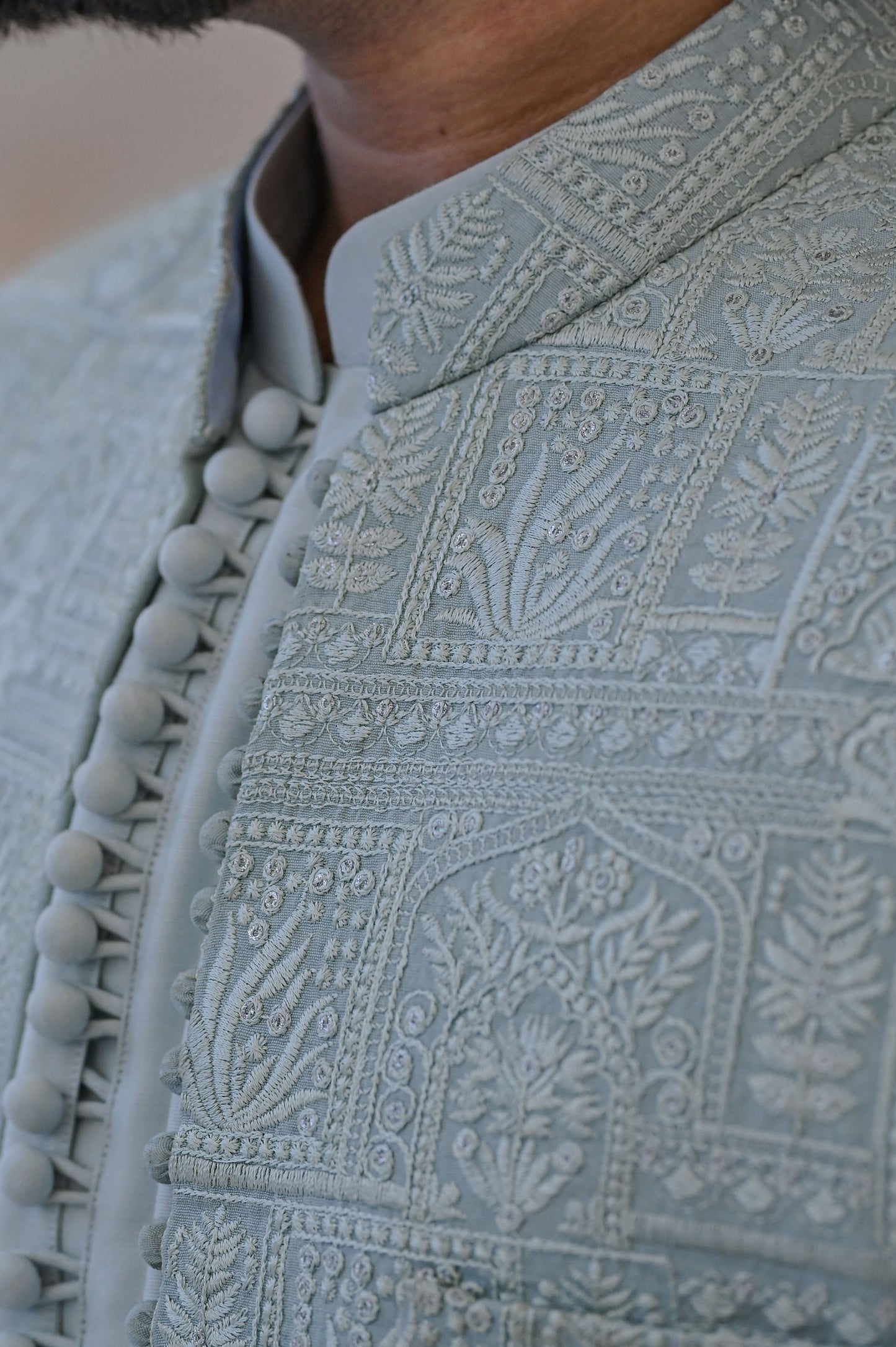 Raheel Qadir – Light Blue Kurta Pajama with Machine Embroidered Prince Coat