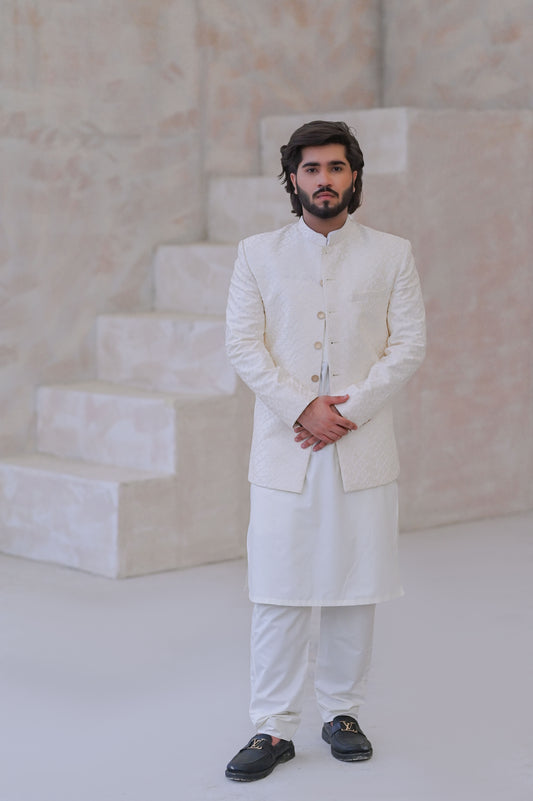 Raheel Qadir – Ivory White Kurta Pajama with Cream Embroidered Prince Coat