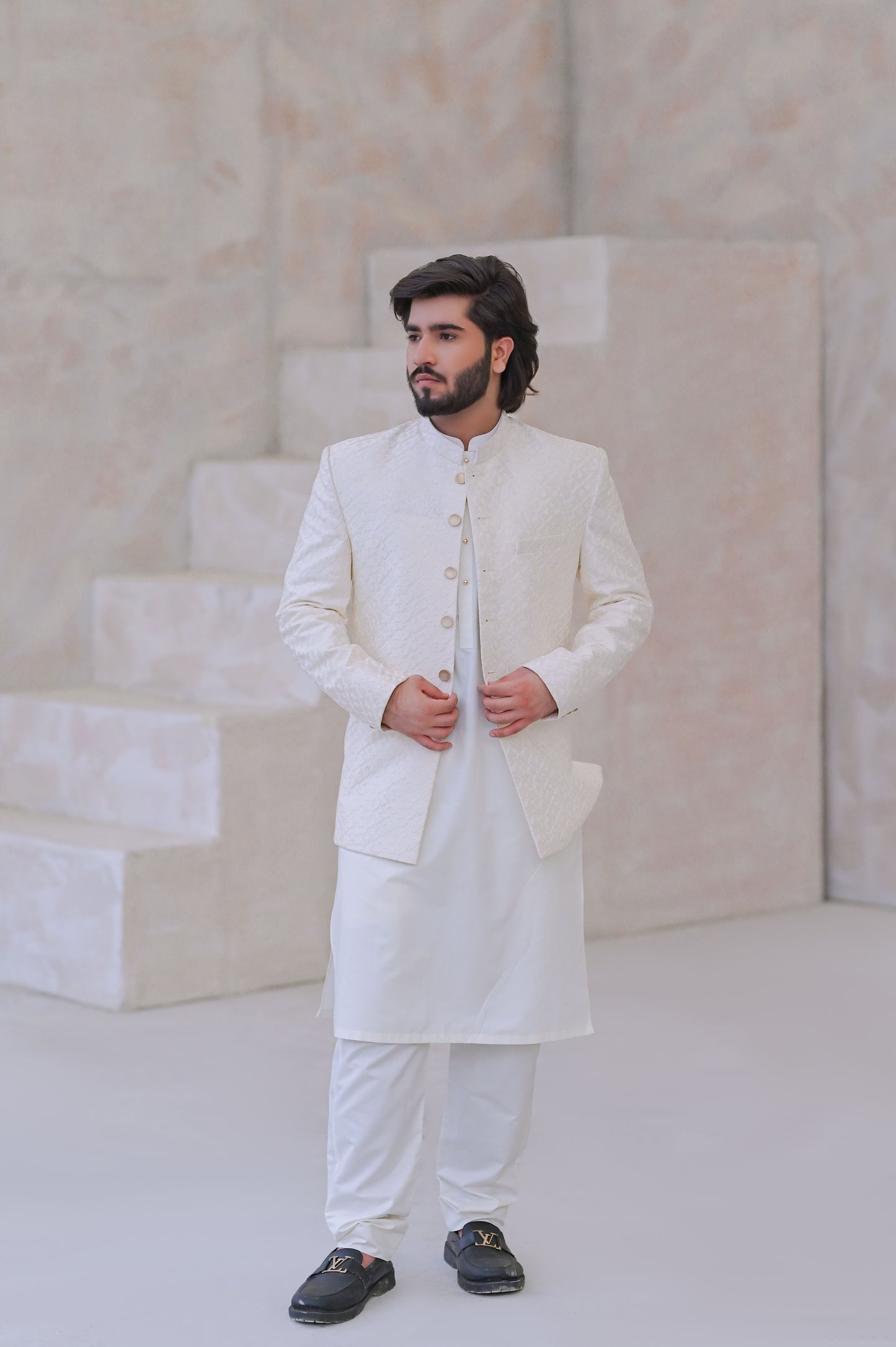 Raheel Qadir – Ivory White Kurta Pajama with Cream Embroidered Prince Coat
