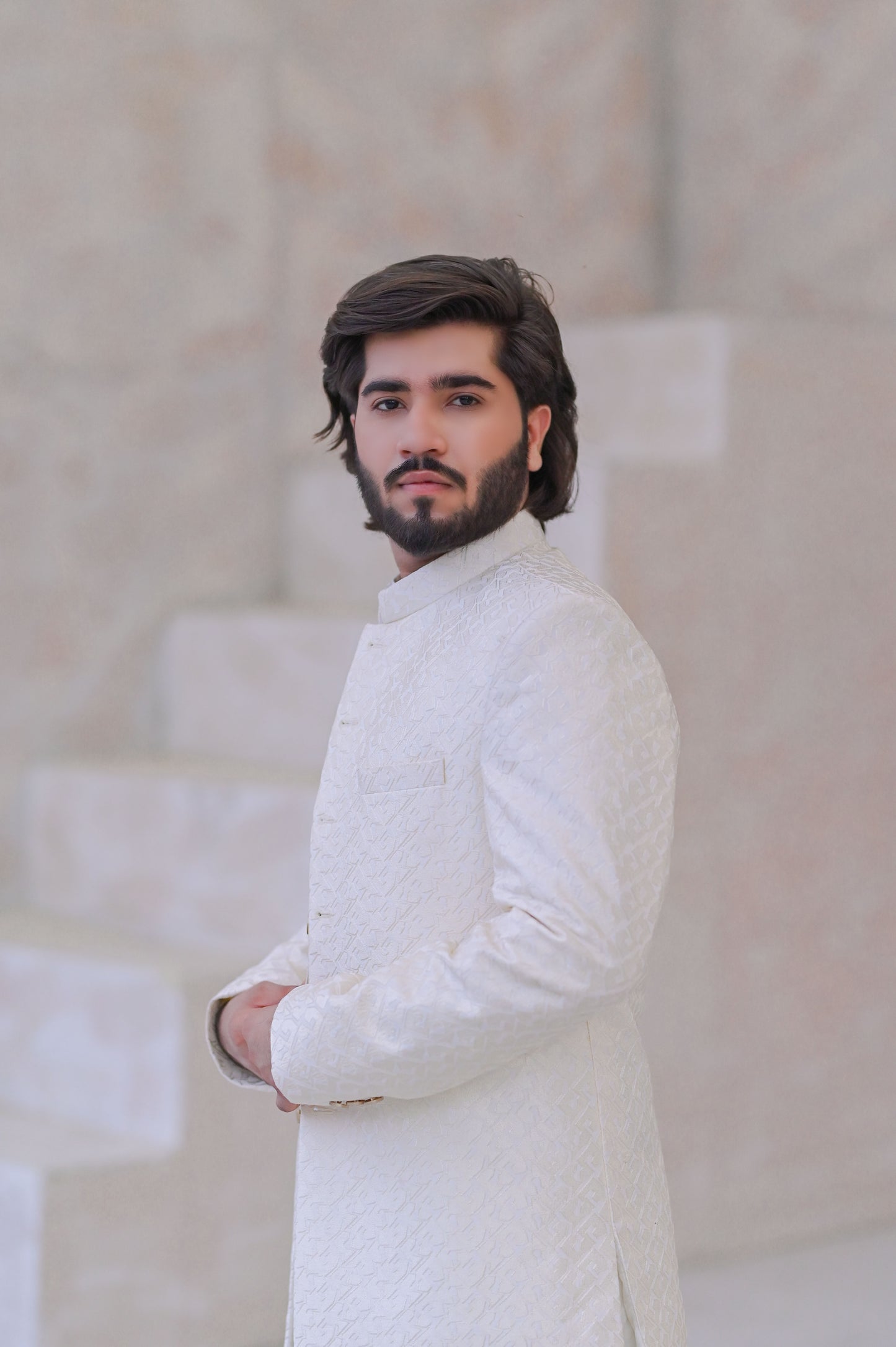 Raheel Qadir – Ivory White Kurta Pajama with Cream Embroidered Prince Coat