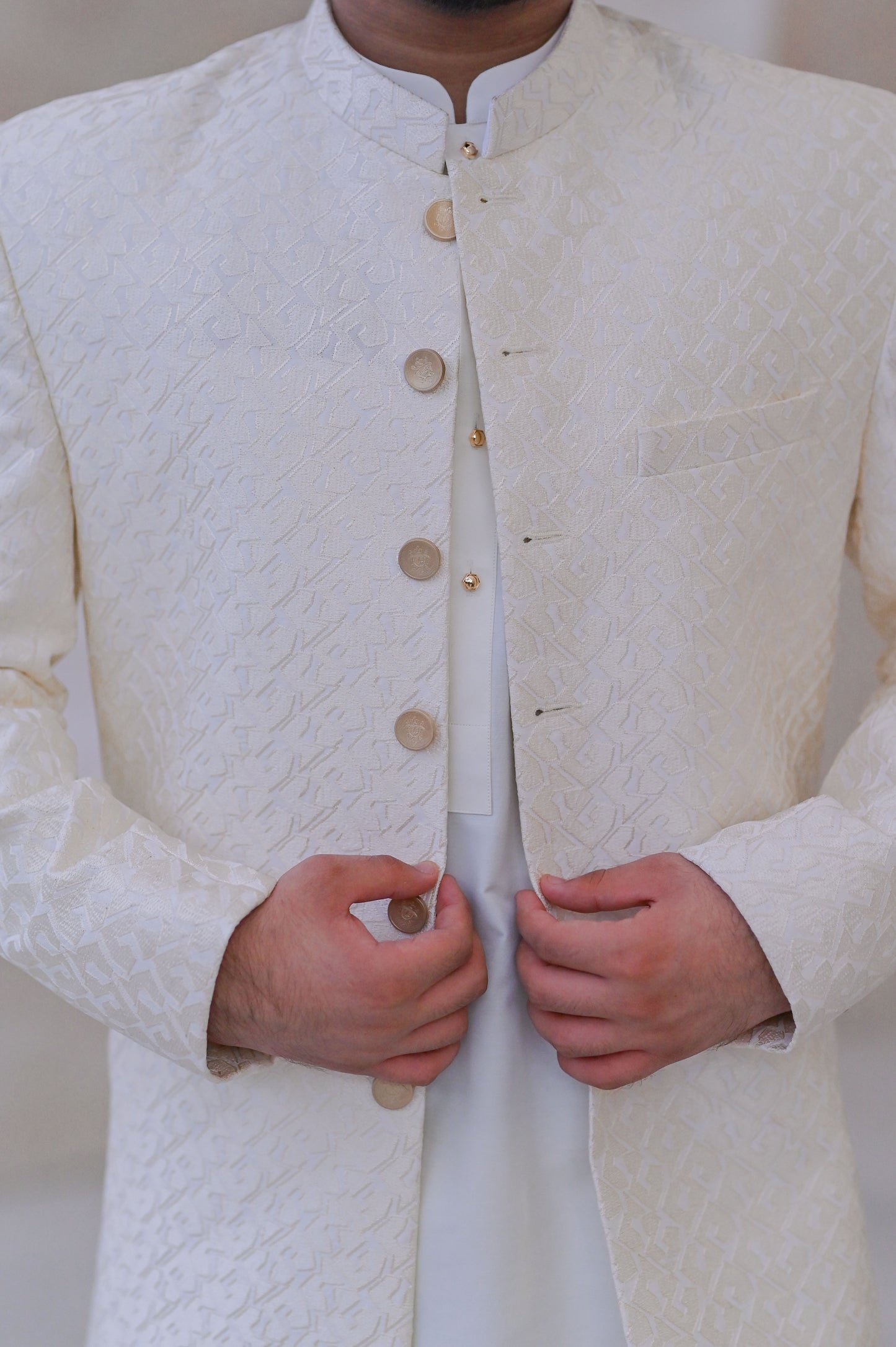 Raheel Qadir – Ivory White Kurta Pajama with Cream Embroidered Prince Coat