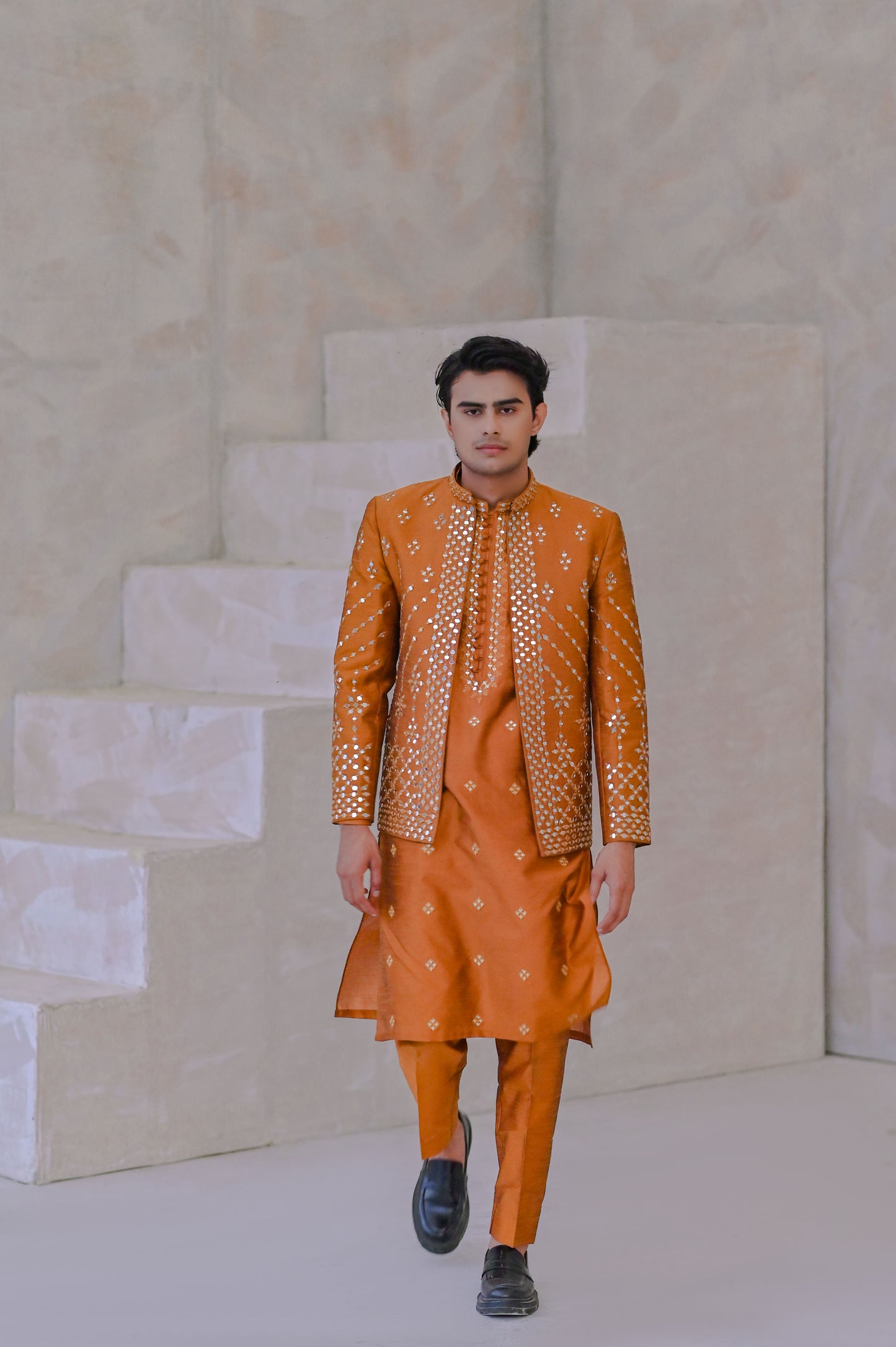 Raheel Qadir – Rust Kurta Pajama with Mirror Work Prince Coat