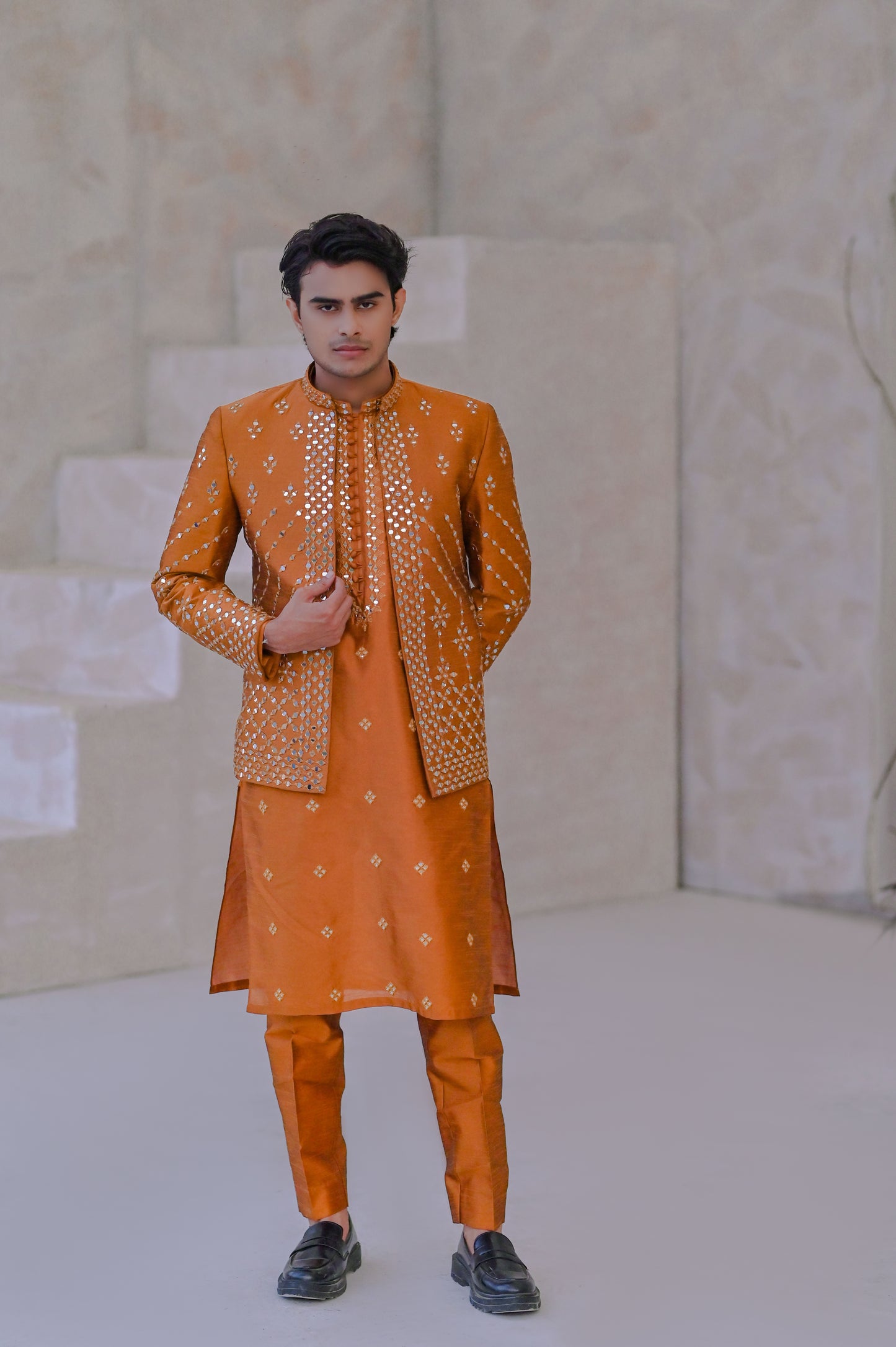 Raheel Qadir – Rust Kurta Pajama with Mirror Work Prince Coat
