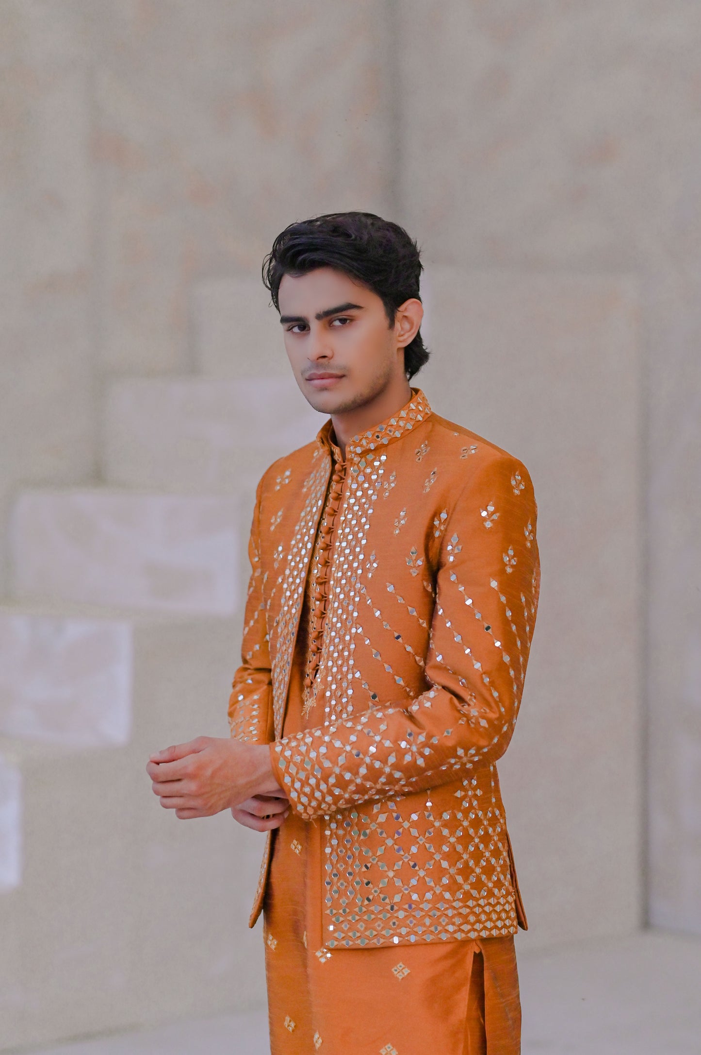 Raheel Qadir – Rust Kurta Pajama with Mirror Work Prince Coat