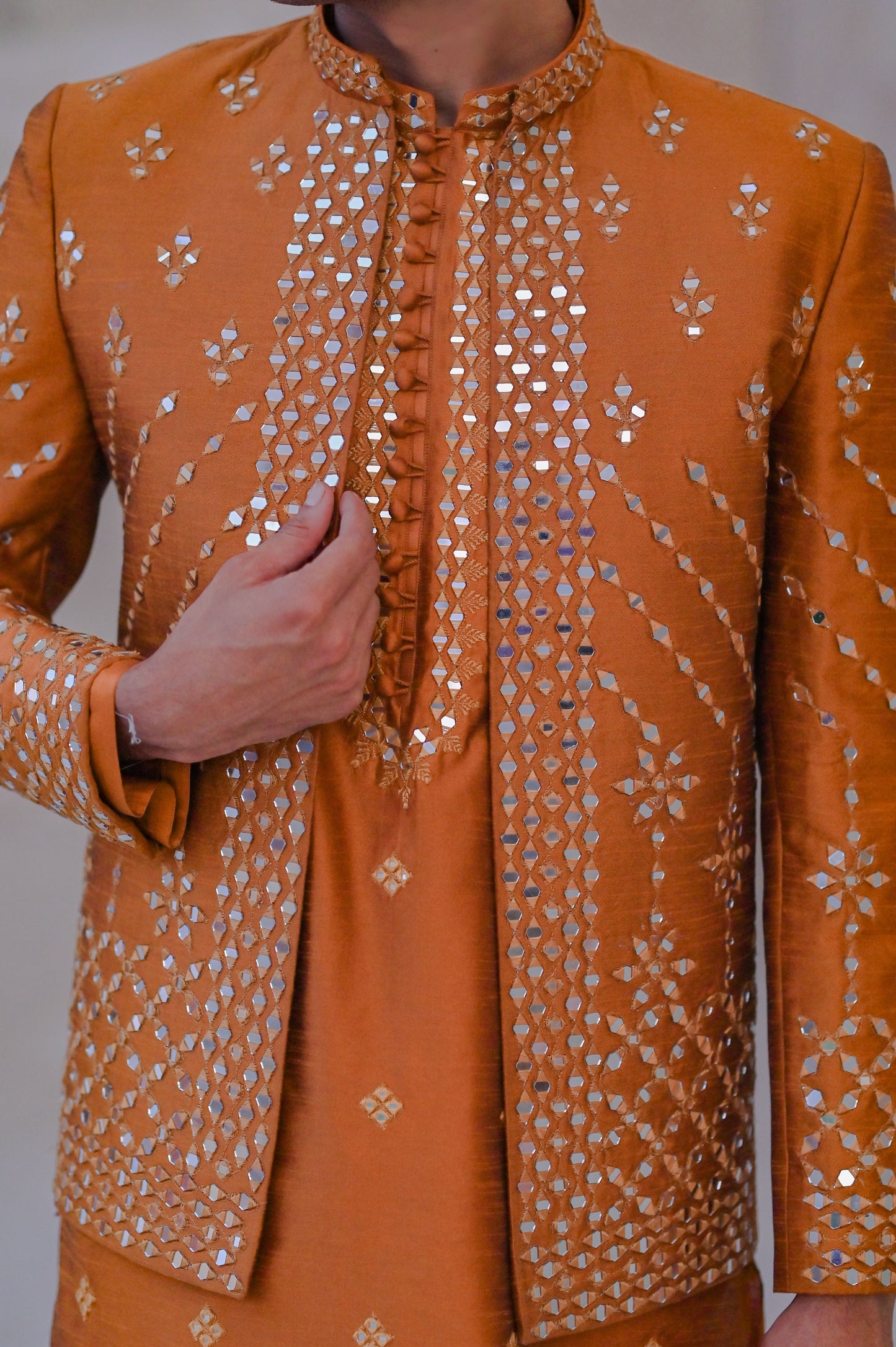 Raheel Qadir – Rust Kurta Pajama with Mirror Work Prince Coat