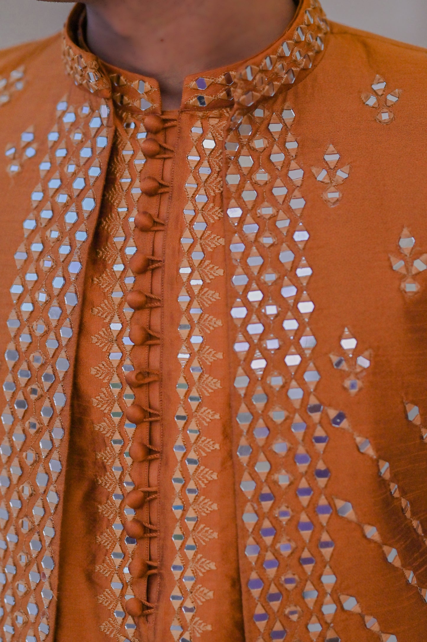 Raheel Qadir – Rust Kurta Pajama with Mirror Work Prince Coat