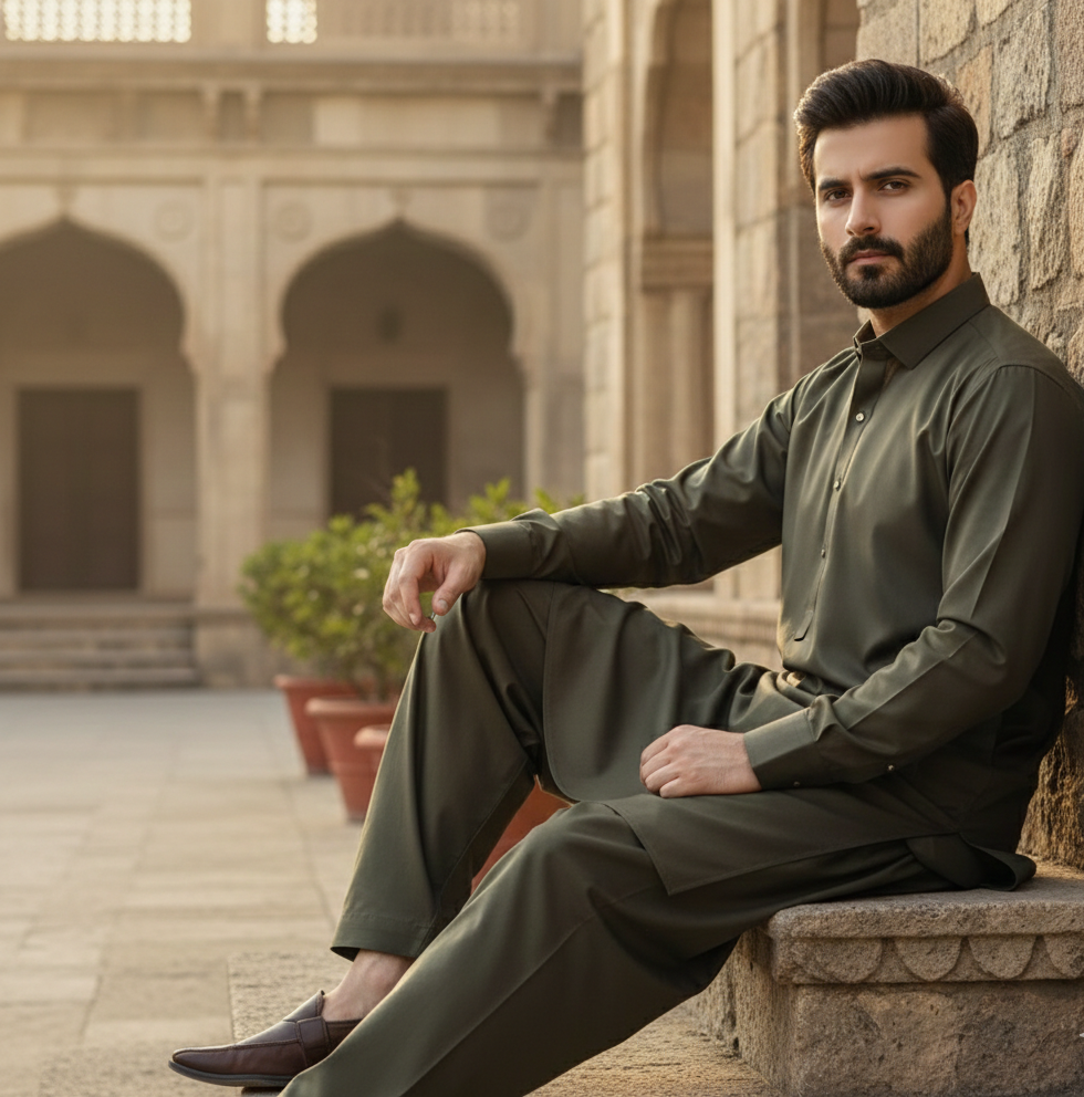 Raheel Qadir – Olive Green Shalwar Kameez