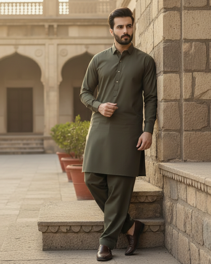 Raheel Qadir – Olive Green Shalwar Kameez