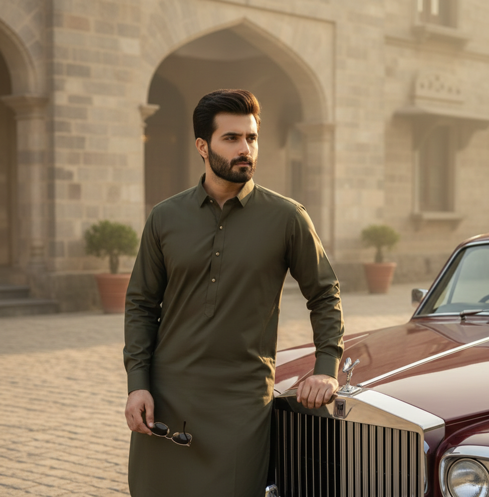 Raheel Qadir – Olive Green Shalwar Kameez