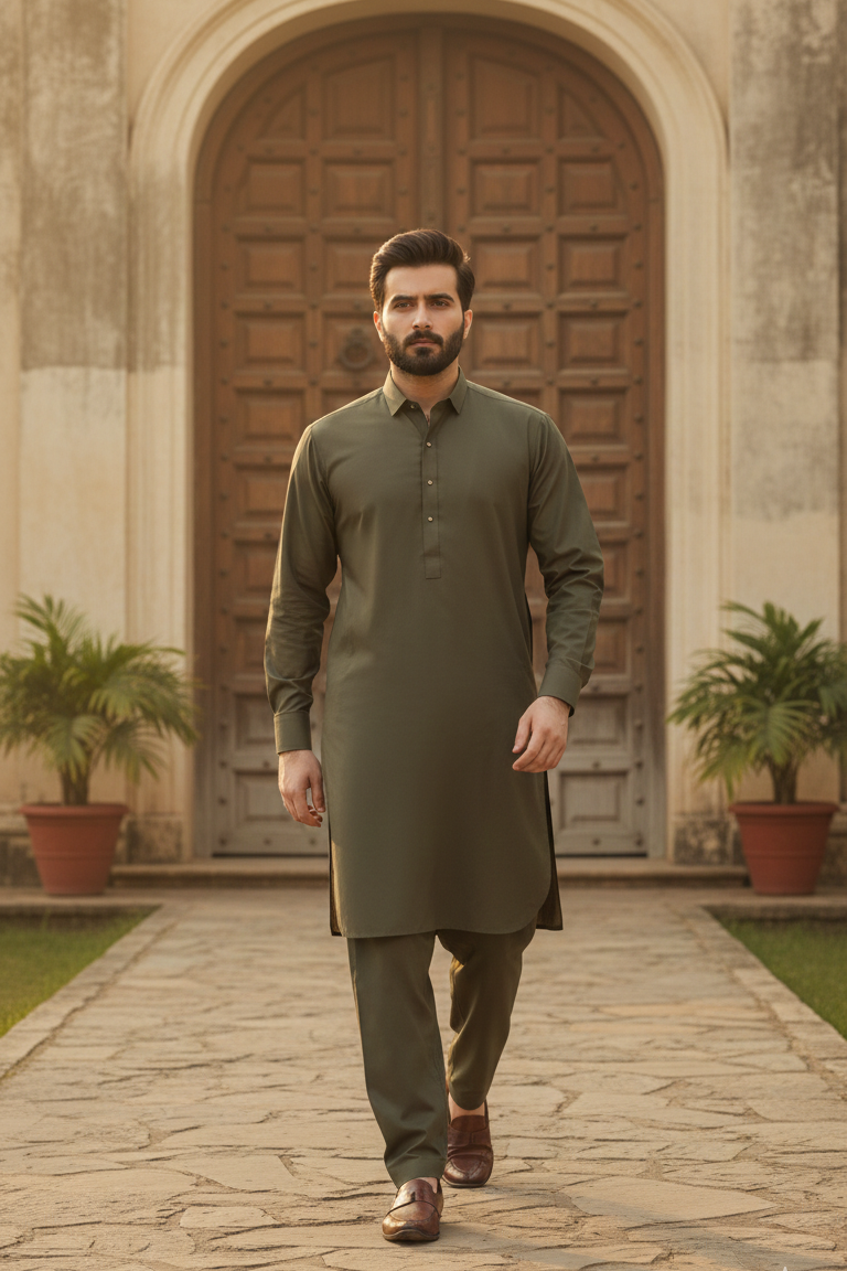 Raheel Qadir – Olive Green Shalwar Kameez