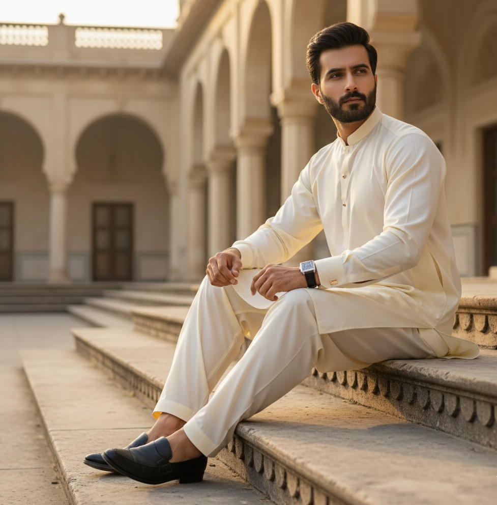 Raheel Qadir – Cream Boski Shalwar Kameez