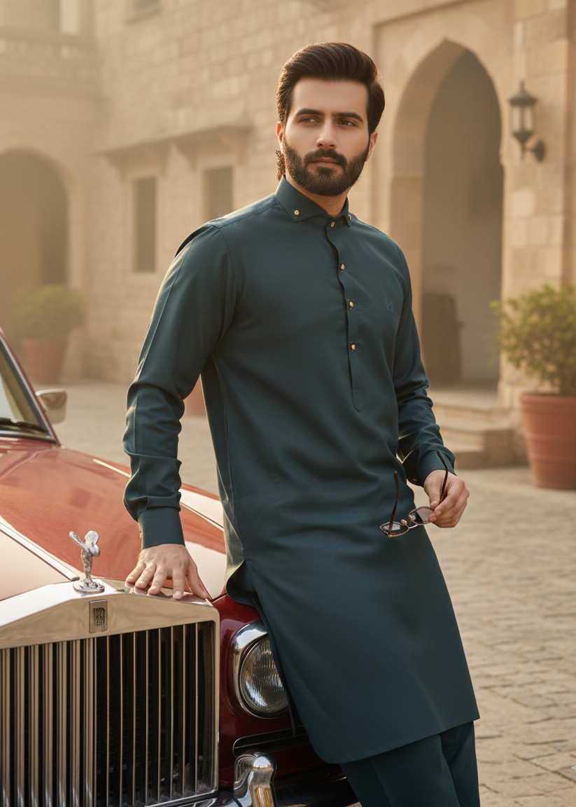 Raheel Qadir – Teal Green Shalwar Kameez